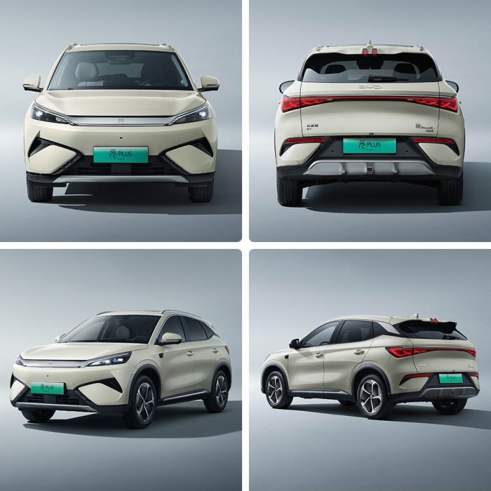 Four views of a light - colored BYD Yuan Plus electric SUV, including front, rear, and side views.