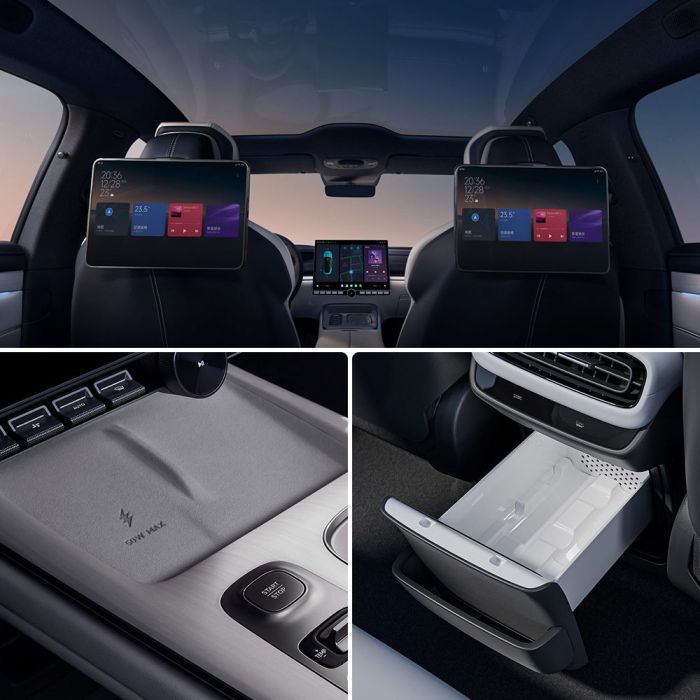 Collage of car interior details: rear seat screens, wireless charging pad, and an open storage compartment.