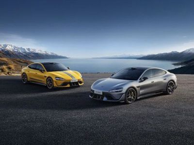 Two sports cars, one yellow with gray stripes and one silver, parked on a paved area with a lake and snow-capped mountains in the background, highlighting their sleek designs and scenic setting.