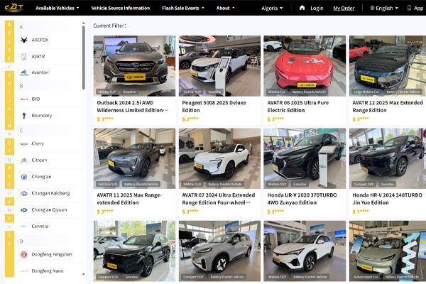 The car selection page on the cbtcar website