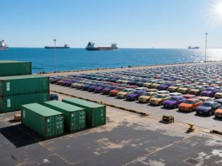 Exported cars are being prepared at the port for shipment to Africa