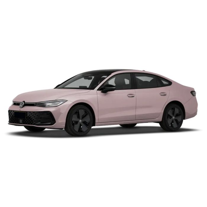 A stylish pink Volkswagen sedan with black wheels and a modern design.