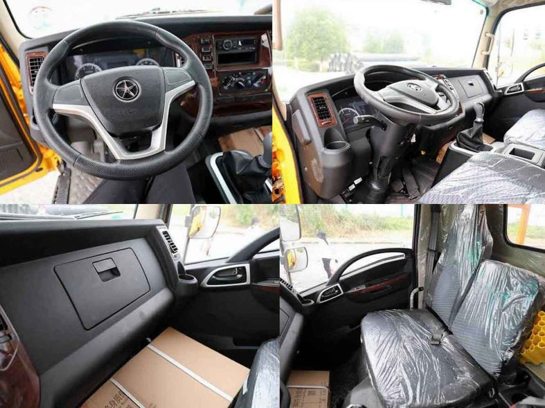 Collage of a truck's interior, showcasing steering wheel, dashboard, and seating from various angles.