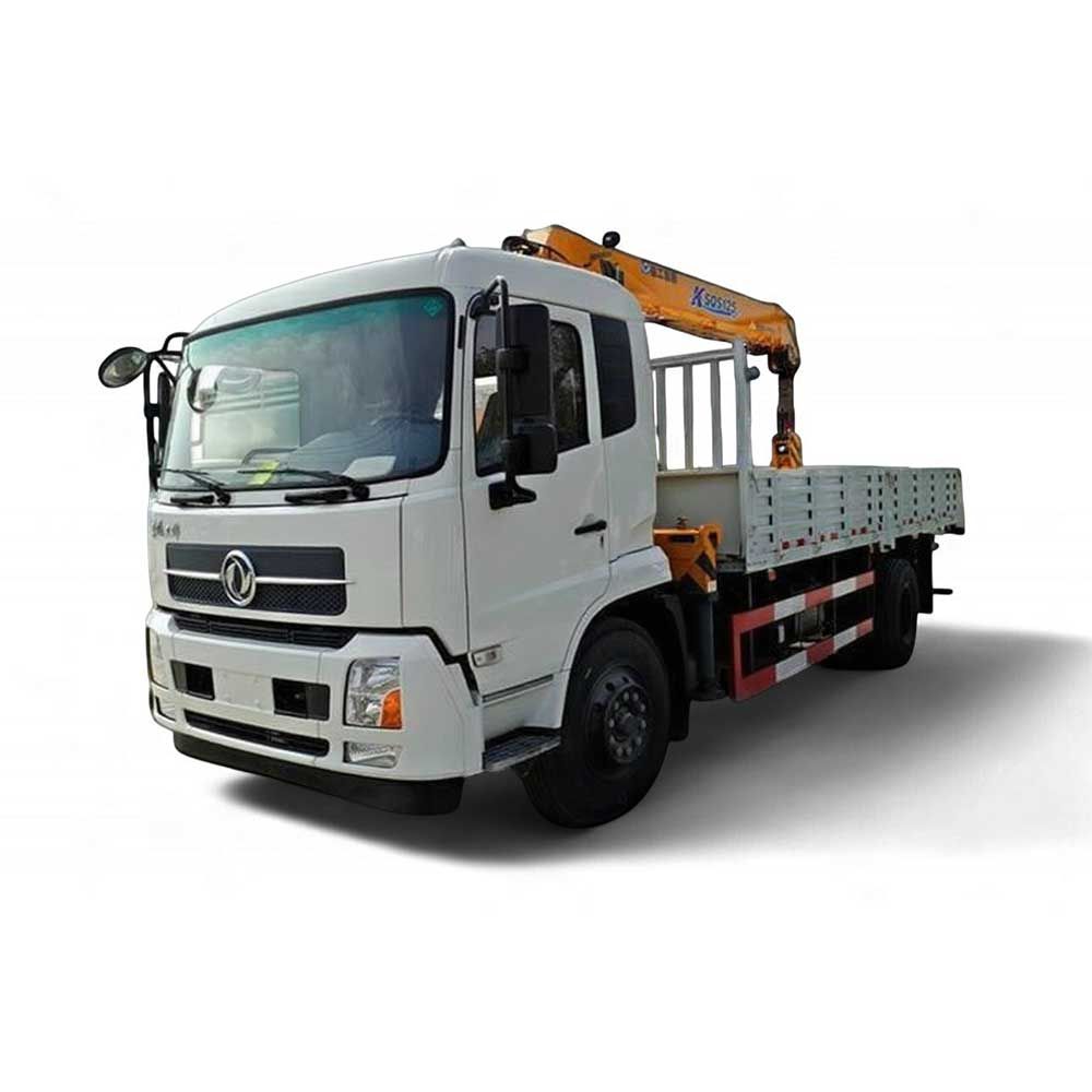A white truck with a yellow crane mounted on its bed.