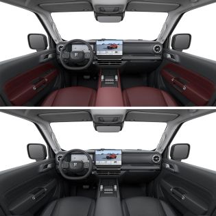 Two views of a car's interior, showcasing different seat and door panel color schemes (red and black) with a digital dashboard display.