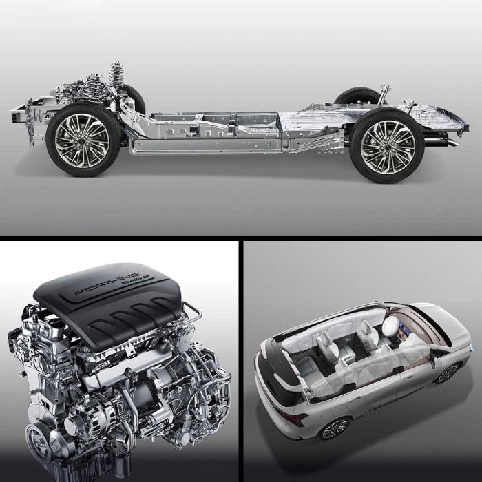 An infographic showcases a car’s engineering: a chassis with wheels, a detailed Forthing engine, and a top view of the MPV’s interior, emphasizing mechanical design and spaciousness.