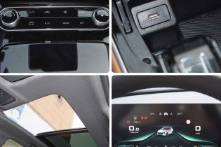 A collage of a car's interior features: AC controls, USB port, panoramic sunroof, and digital instrument cluster, showcasing its modern and convenient design elements.