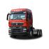 Front - side view of a red HOWO truck tractor unit, isolated on a white background.