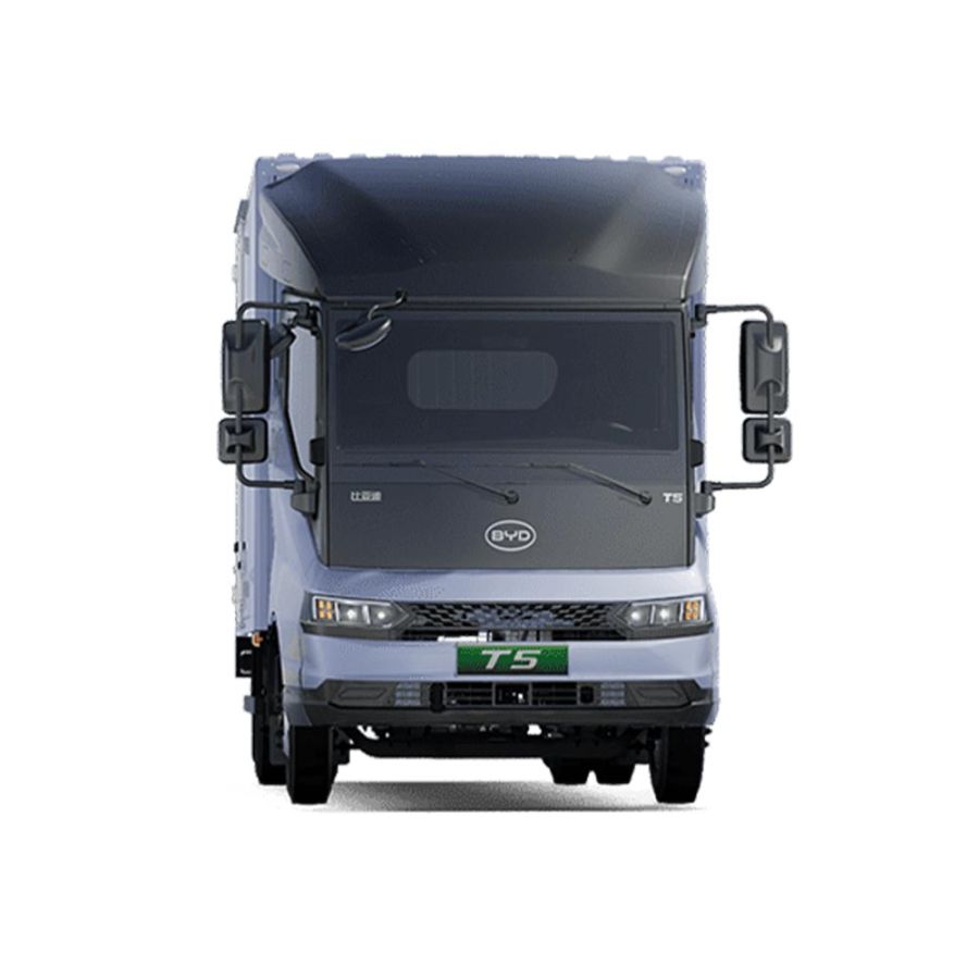 Front view of a light blue BYD T5 electric truck, isolated on a white background.