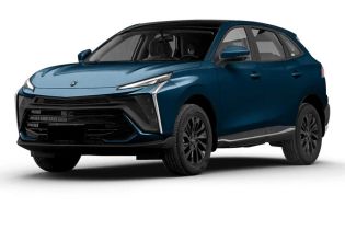 A deep blue SUV with a black roof, presented at a dynamic angle against a plain white background, highlighting its modern, sleek design and stylish black alloy wheels.