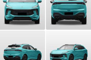 Four views of a turquoise Fengon SUV, displaying front, rear, and two side angles, highlighting its sleek design and modern aesthetics against a plain background.