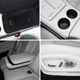 Collage of four images showcasing the interior details of a car, including the center console storage, cup holders, armrest, and seat adjustment controls.