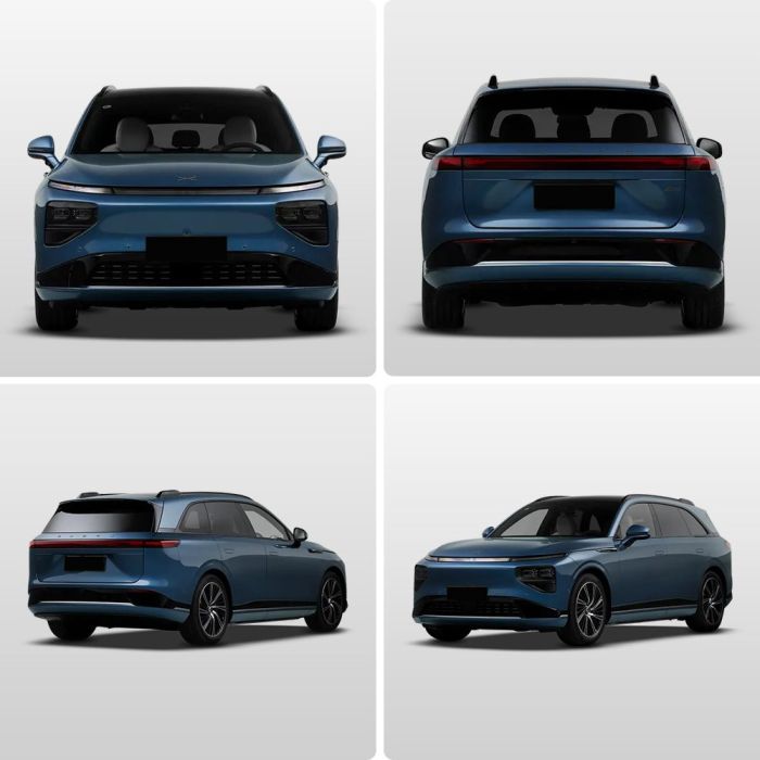 Four views (front, rear, side - rear, side - front) of a blue Xpeng electric SUV.