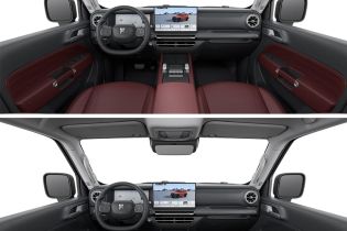 Two views of a car's interior, showcasing different seat and door panel color schemes (red and black) with a digital dashboard display.