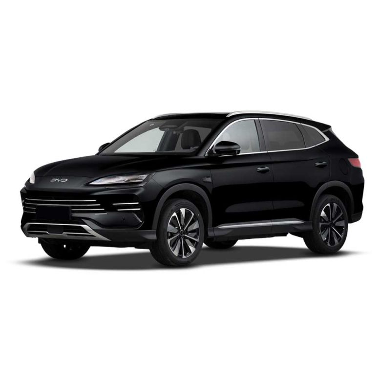 A black BYD SUV with a sleek front grille, modern headlights, and stylish alloy wheels, showcasing its elegant and dynamic exterior design.