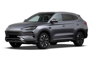 A gray BYD SUV, presented at a dynamic angle against a plain white background, highlighting its modern, sleek design and stylish alloy wheels.