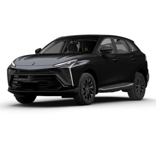 A sleek black SUV with a glossy finish, shown at a dynamic angle against a plain white background, highlighting its modern design and sophisticated black alloy wheels.