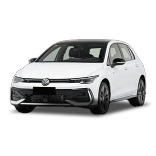 A white Volkswagen hatchback with a sleek design.