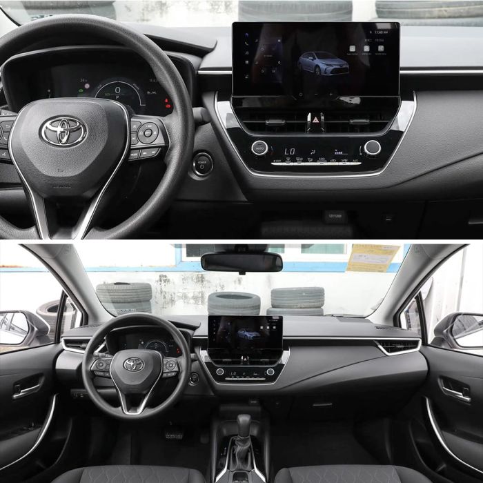 Interior of a toyota corolla 2024, showcasing the dashboard, steering wheel, central display screen, and control panel from different angles.