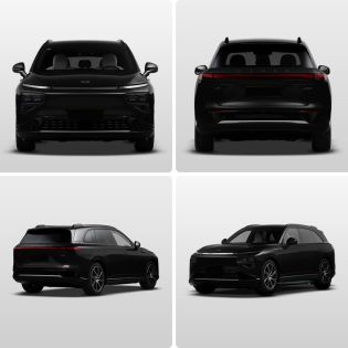 Four views (front, rear, side - rear, side - front) of a black Xpeng electric SUV.