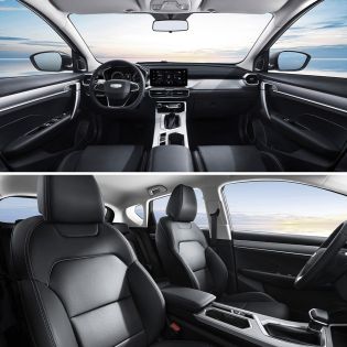 Interior of a car, showing the dashboard, front seats, and a spacious, modern design with a view of the sky through the windows.