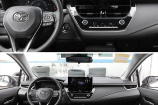Interior of a toyota corolla 2024, showcasing the dashboard, steering wheel, central display screen, and control panel from different angles.