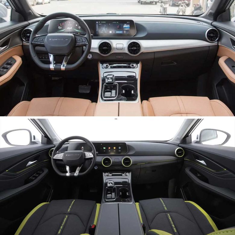 A collage of two car interiors: one with tan leather seats and a sleek dashboard, the other with black seats accented by green, showcasing distinct design styles and modern features.