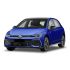 A blue Volkswagen hatchback with a sleek design.