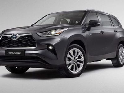 Gray Toyota Highlander SUV (side-front view), illuminated headlights, "HIGHLANDER" badge, plain light backdrop.