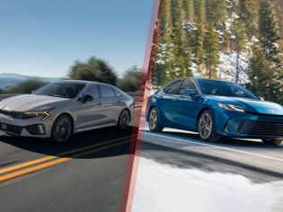 Split-image layout showing silver and blue Toyota sedans driving separately in warm sunny and snowy winter roadside environments