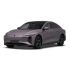 A lavender electric sedan with a sleek, modern design, featuring a black roof, distinctive headlights, and black alloy wheels, presented against a plain white background.