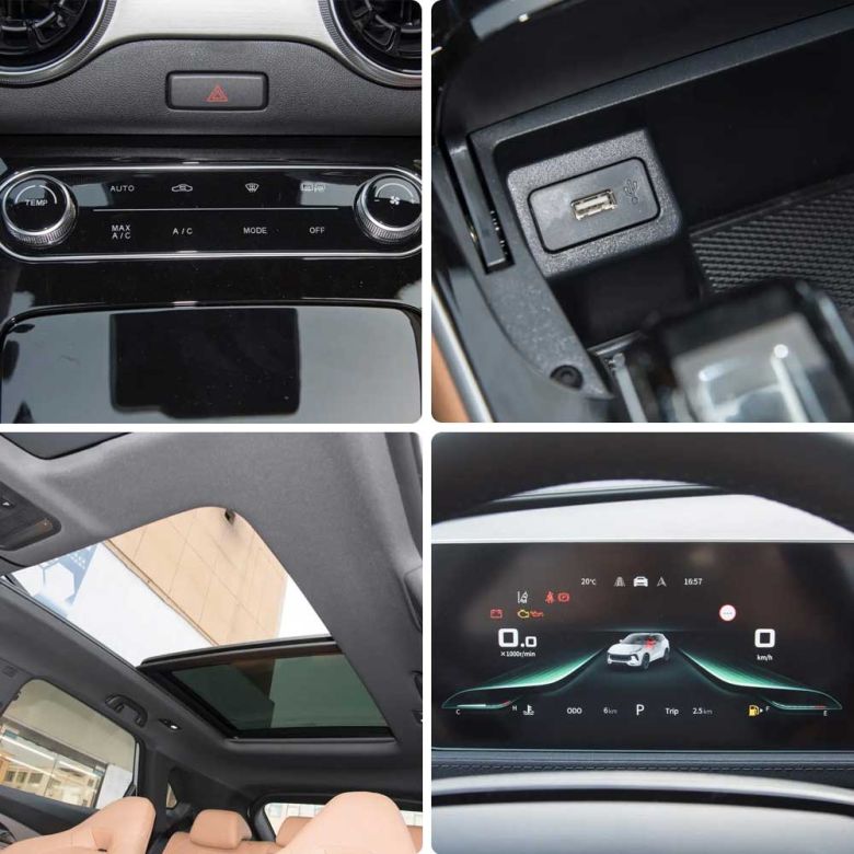 A collage of a car's interior features: AC controls, USB port, panoramic sunroof, and digital instrument cluster, showcasing its modern and convenient design elements.