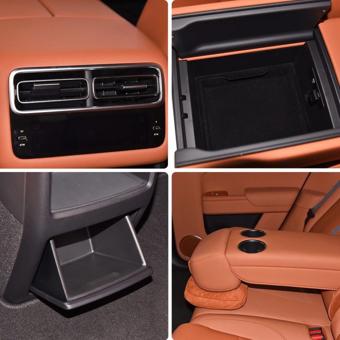 Collage of four car interior details: air vents with control panel, an open storage compartment, a small storage shelf, and a seat with cup holders.