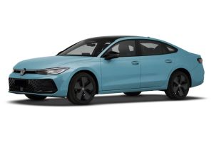 A light blue Volkswagen sedan with a sleek design, black wheels, and a modern appearance.