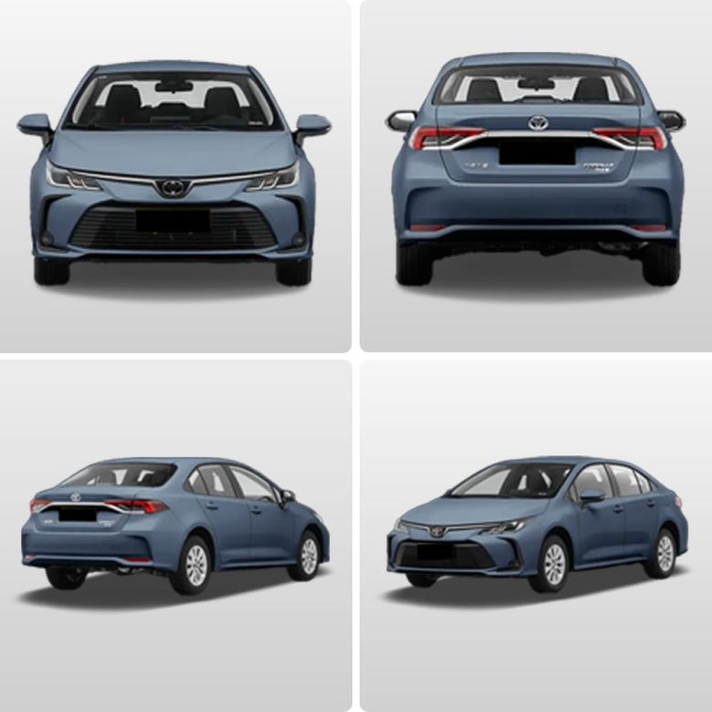 Four views (front, rear, side - rear, side - front) of a blue corolla 2024