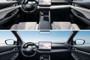 Two interior views of a Geely car with large central screens.