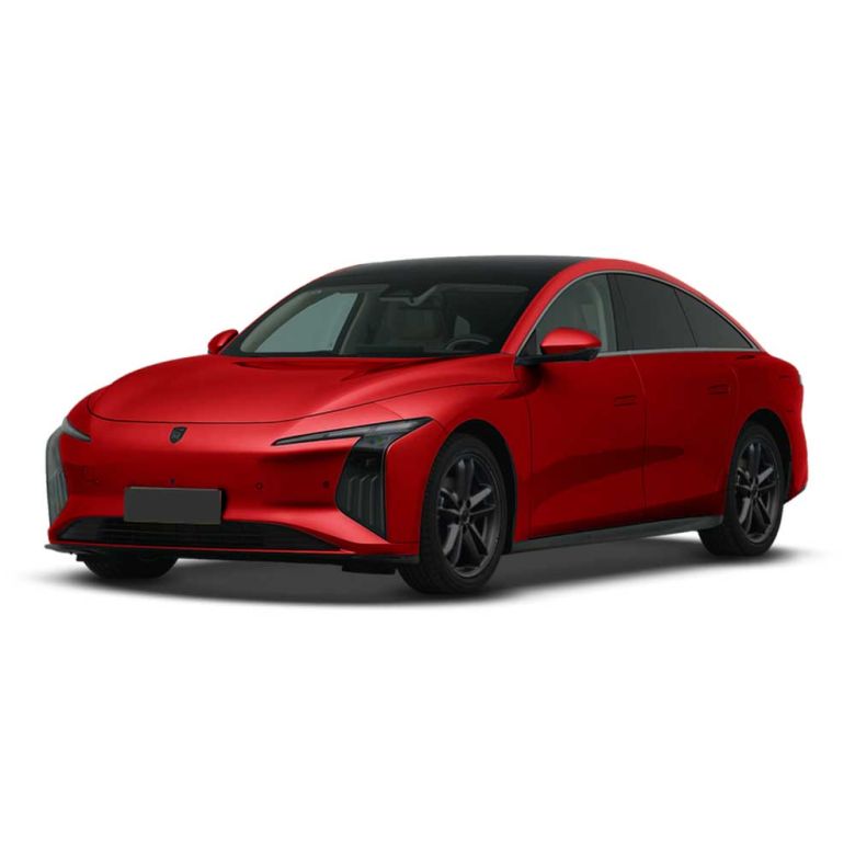 A red electric sedan with a sleek, modern design, featuring a black roof, distinctive headlights, and black alloy wheels, presented against a plain white background.