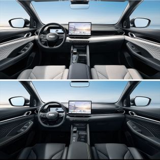 Two interior views of a Geely car with large central screens.