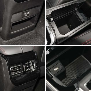 A collage of a car's interior details: a charging port, center console storage, rear air vents, and a USB port, showcasing functional and sleek design elements.