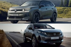 Vertical split photo comparing new Peugeot electric SUV and combustion crossover