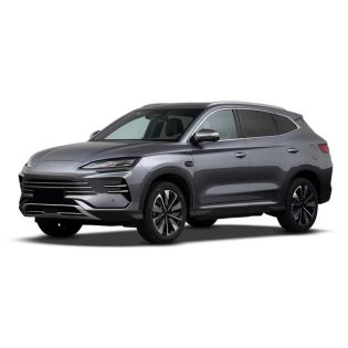A gray BYD SUV, presented at a dynamic angle against a plain white background, highlighting its modern, sleek design and stylish alloy wheels.