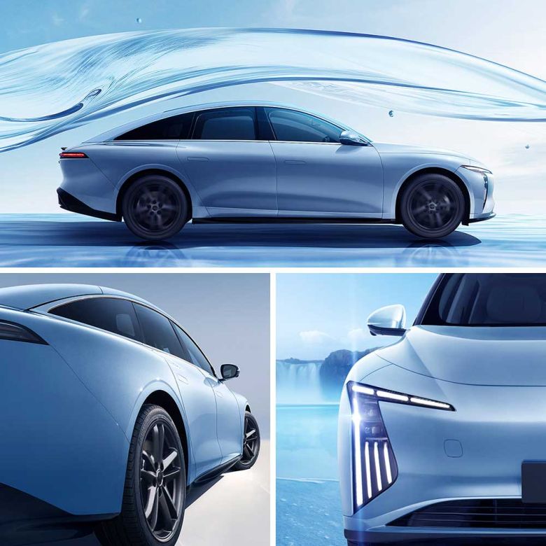 A collage showcasing a light blue electric sedan from multiple angles, highlighting its sleek design, distinctive headlights, and black wheels, with a water-inspired aesthetic background emphasizing fluidity and modernity.
