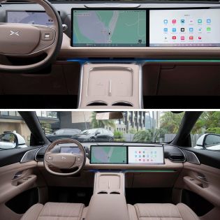Two views of the interior of a Xpeng car, showcasing the dashboard with dual screens, steering wheel, and center console.