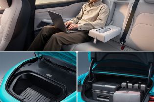 Collage showing a person using a laptop in the Xiaomi SU7's interior, and the car's front trunk and rear trunk with luggage.