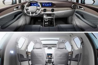 A car’s interior display features a luxurious dashboard with dual screens and quilted leather, plus a spacious rear area with a panoramic sunroof, emphasizing comfort and modern design.