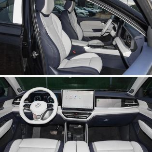 Two images showing the interior of a Volkswagen car, including seats and a dashboard with a large screen.