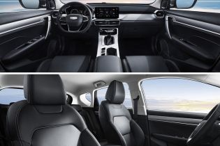 Interior of a car, showing the dashboard, front seats, and a spacious, modern design with a view of the sky through the windows.