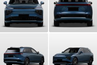 Four views (front, rear, side - rear, side - front) of a blue Xpeng electric SUV.