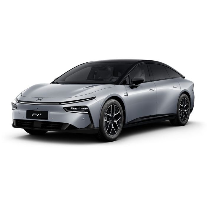 A silver Xpeng P7+ electric car.