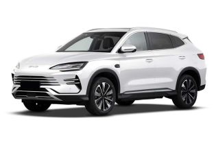 A white BYD SUV with sleek design, featuring modern headlights, stylish alloy wheels, and a streamlined body, showcasing its elegant exterior.